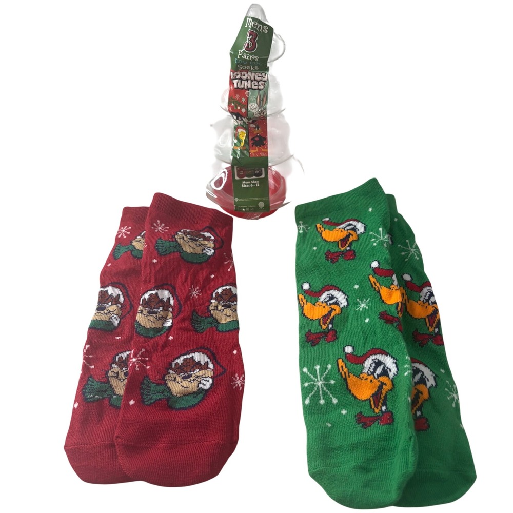 Looney Tunes Mens 2 Pack Christmas Low Cut Socks Taz Daffy Duck Tree Gift Set